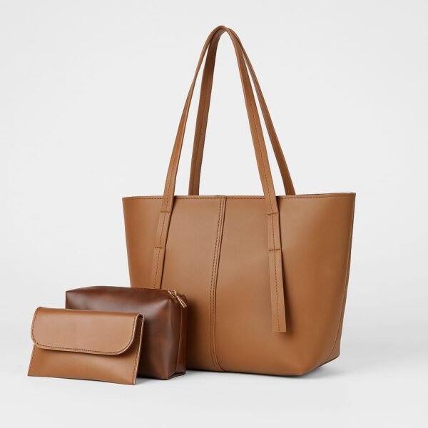 Warm Cognac Faux-Leather 3-Piece Tote Bag Set