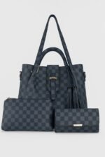 Chic Checkered 3-Piece Tote, Wallet & Pouch Set - Navy/Black