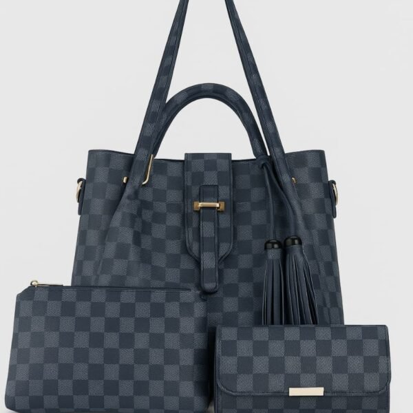 Chic Checkered 3-Piece Tote, Wallet & Pouch Set - Navy/Black
