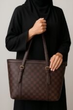 Classic Brown Checkered Faux-Leather Tote Bag