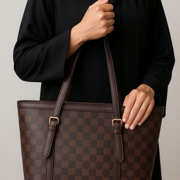 Classic Brown Checkered Faux-Leather Tote Bag