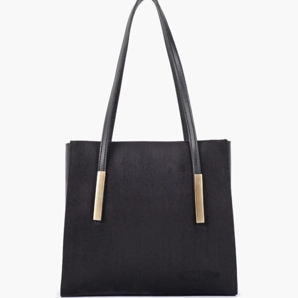 Modern Black Faux-Suede Tote with Gold Bar Hardware