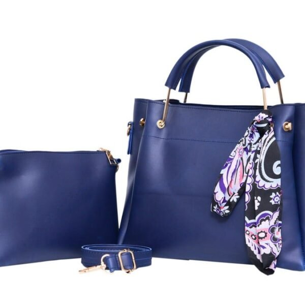 Chic Navy Blue Tote Set with Decorative Scarf Accent