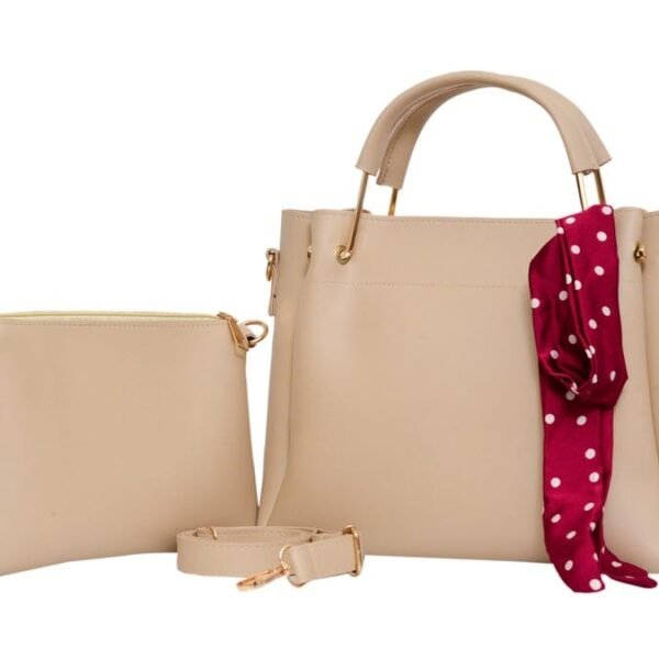 Elegant Beige 2-Piece Handbag Set with Polka Dot Scarf
