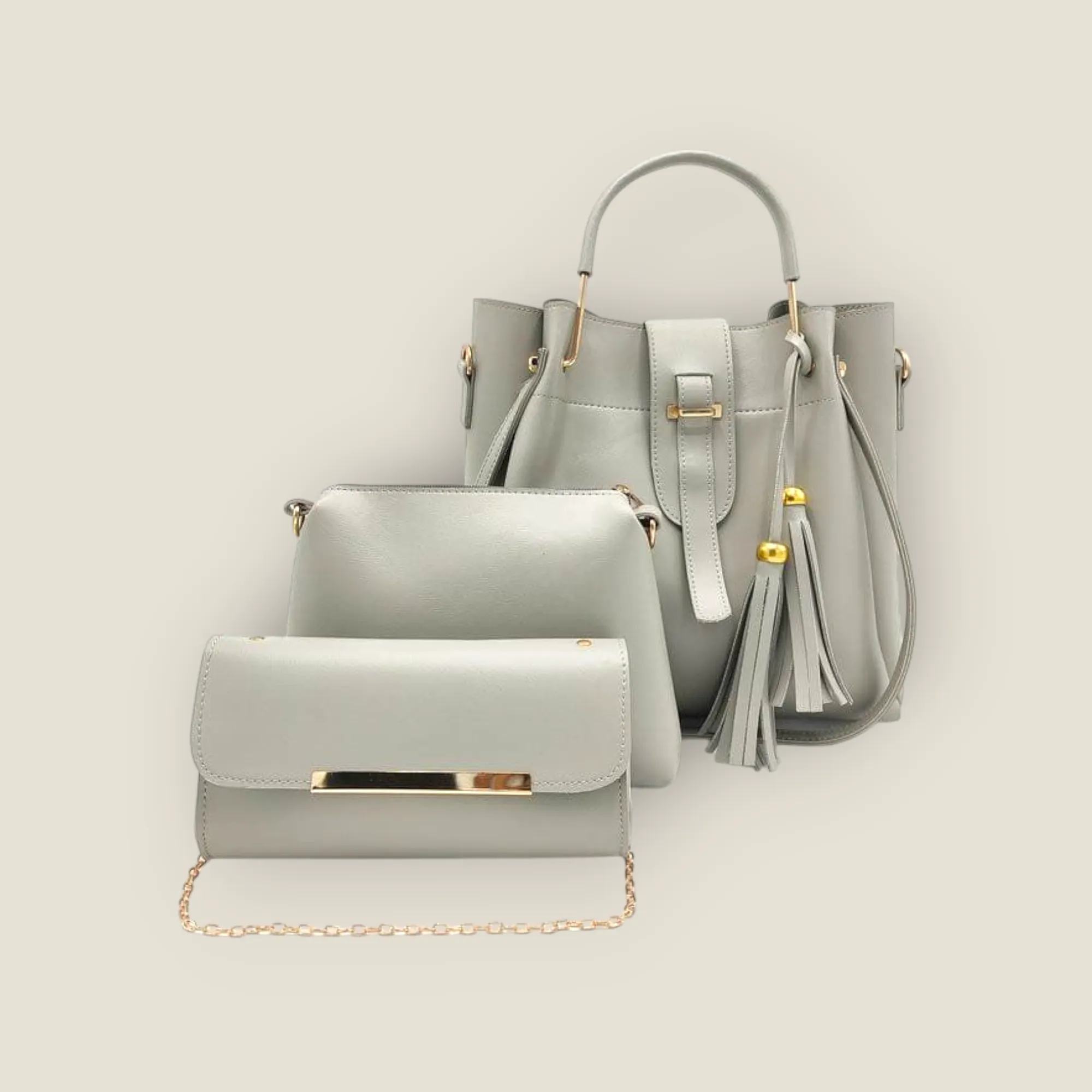 Chic Light Grey 3-Piece Bucket Bag Set with Tassel Detail