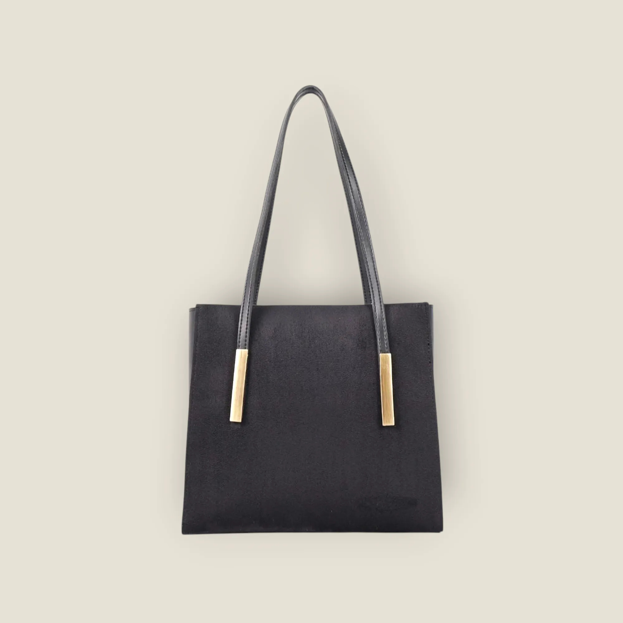 Modern Black Faux-Suede Tote with Gold Bar Hardware