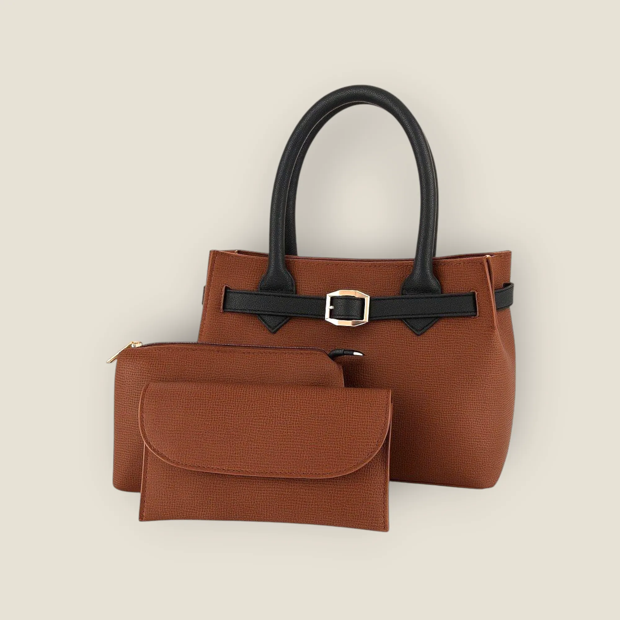 Elegant 3-Piece Tote and Wallet Set - Brown & Black