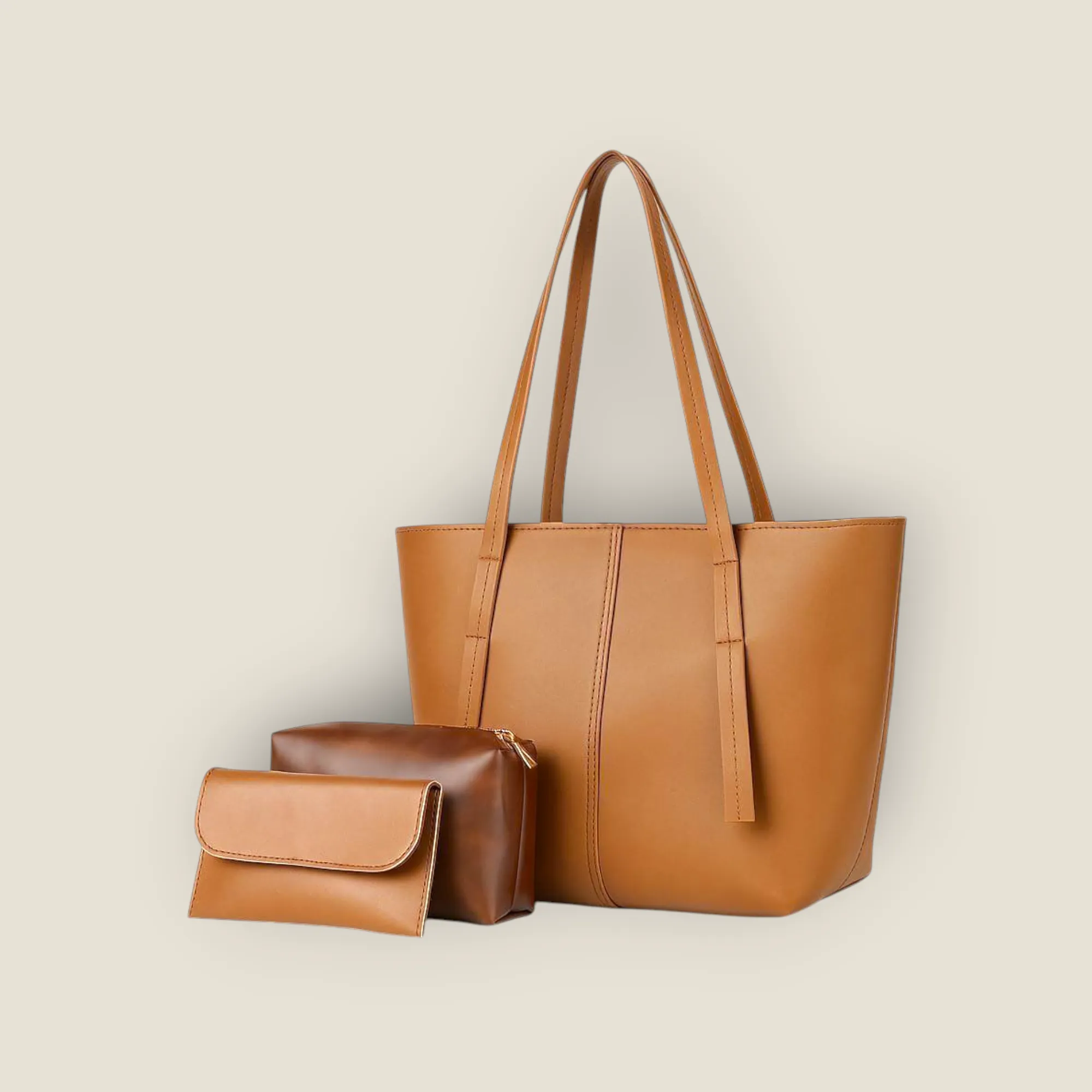 Warm Cognac Faux-Leather 3-Piece Tote Bag Set