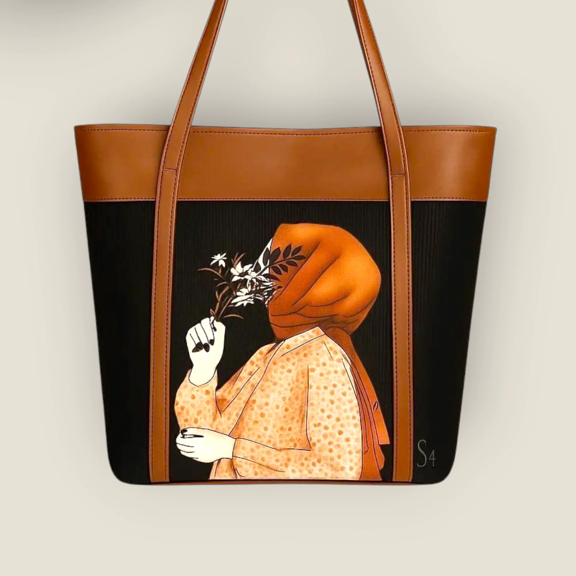 Artistic Portrait Tote Bag - Modest Fashion Print with Tan Trim