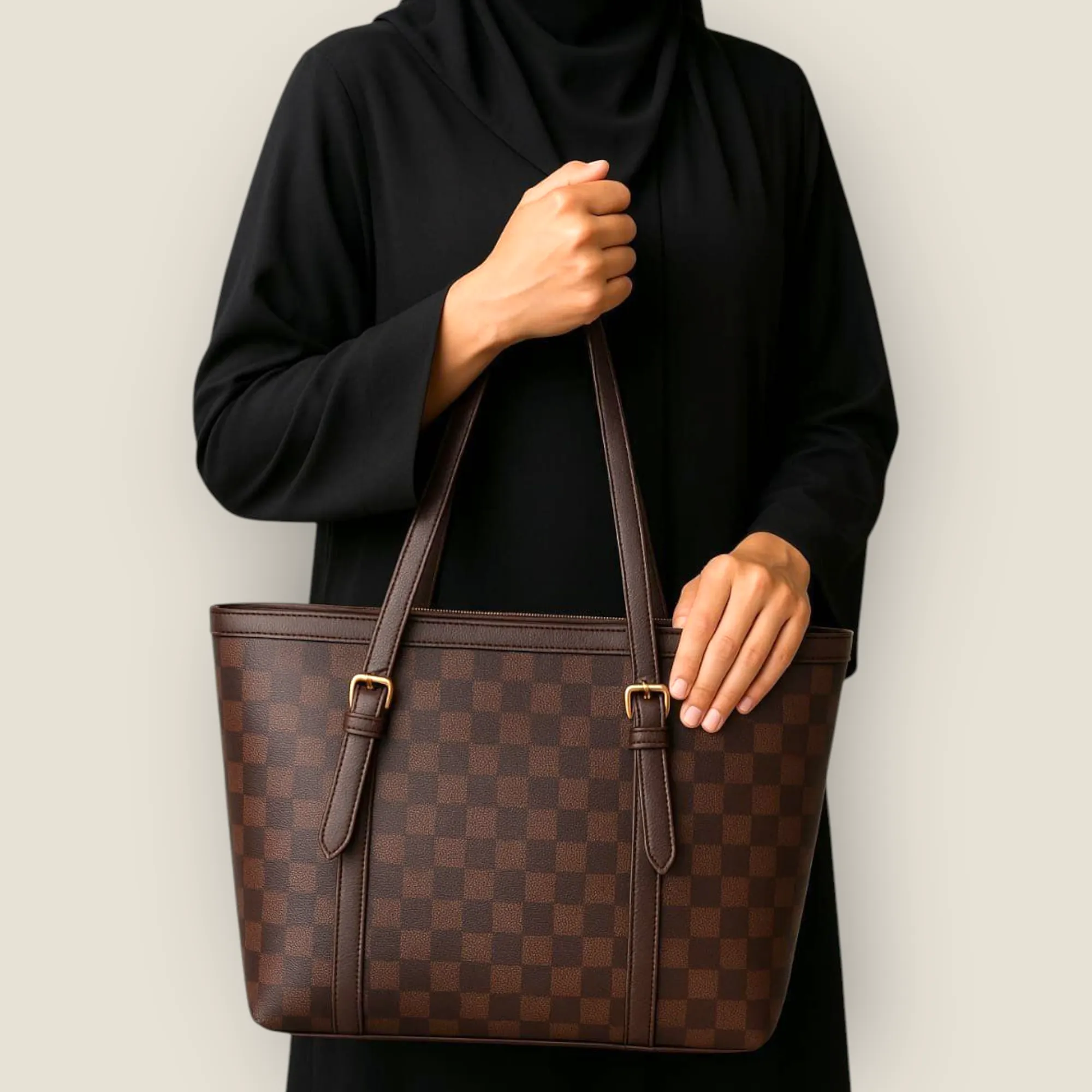 Classic Brown Checkered Faux-Leather Tote Bag