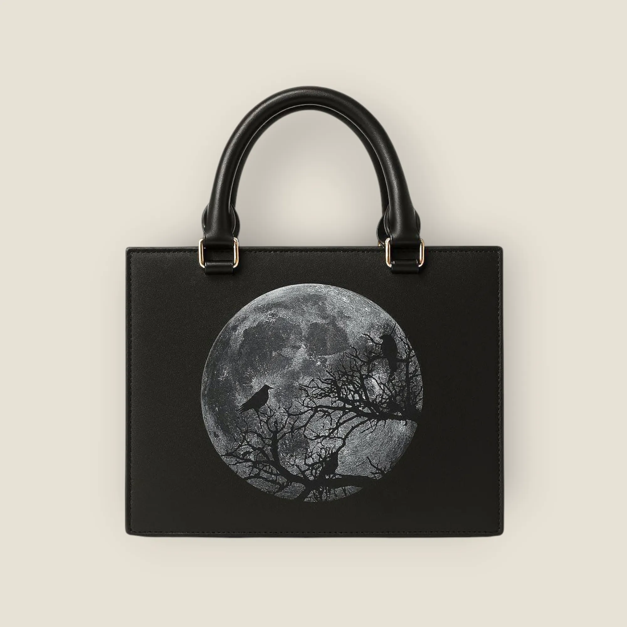Haunting Full Moon & Raven Art Satchel - Black Structured Bag