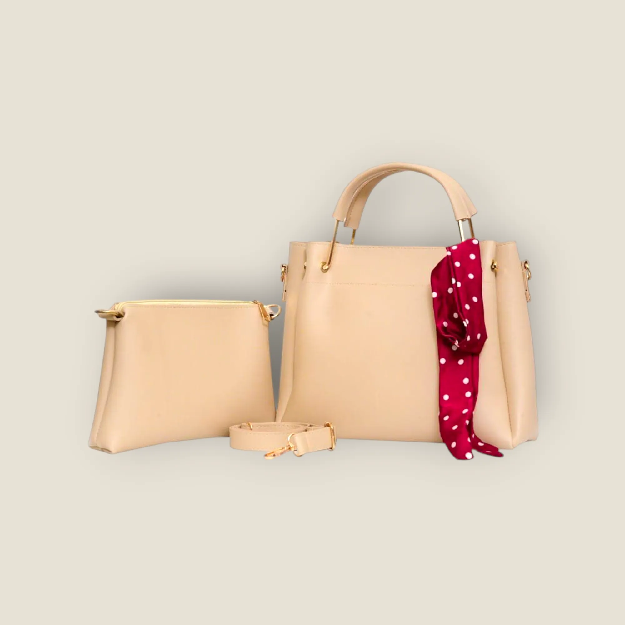 Elegant Beige 2-Piece Handbag Set with Polka Dot Scarf