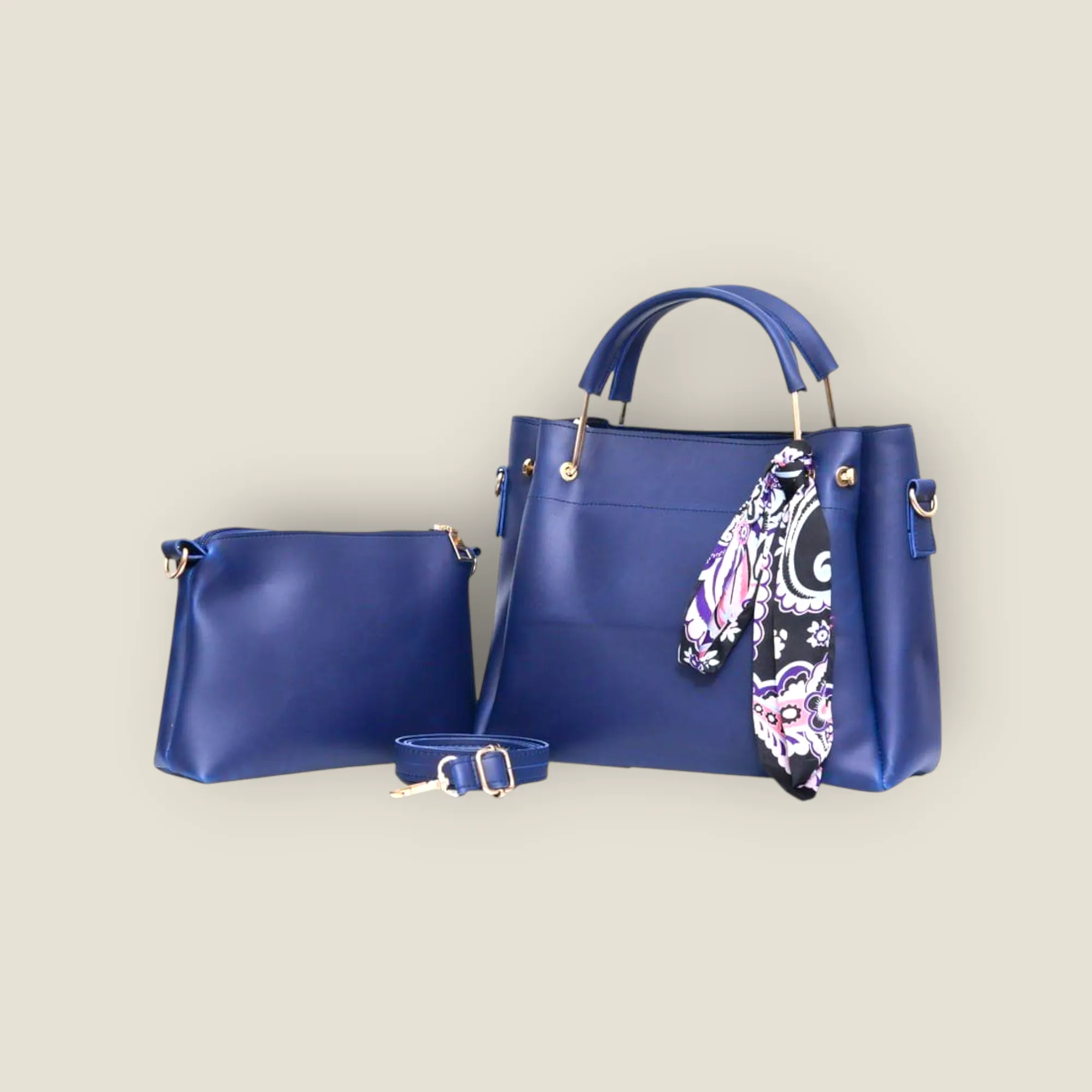 Chic Navy Blue Tote Set with Decorative Scarf Accent