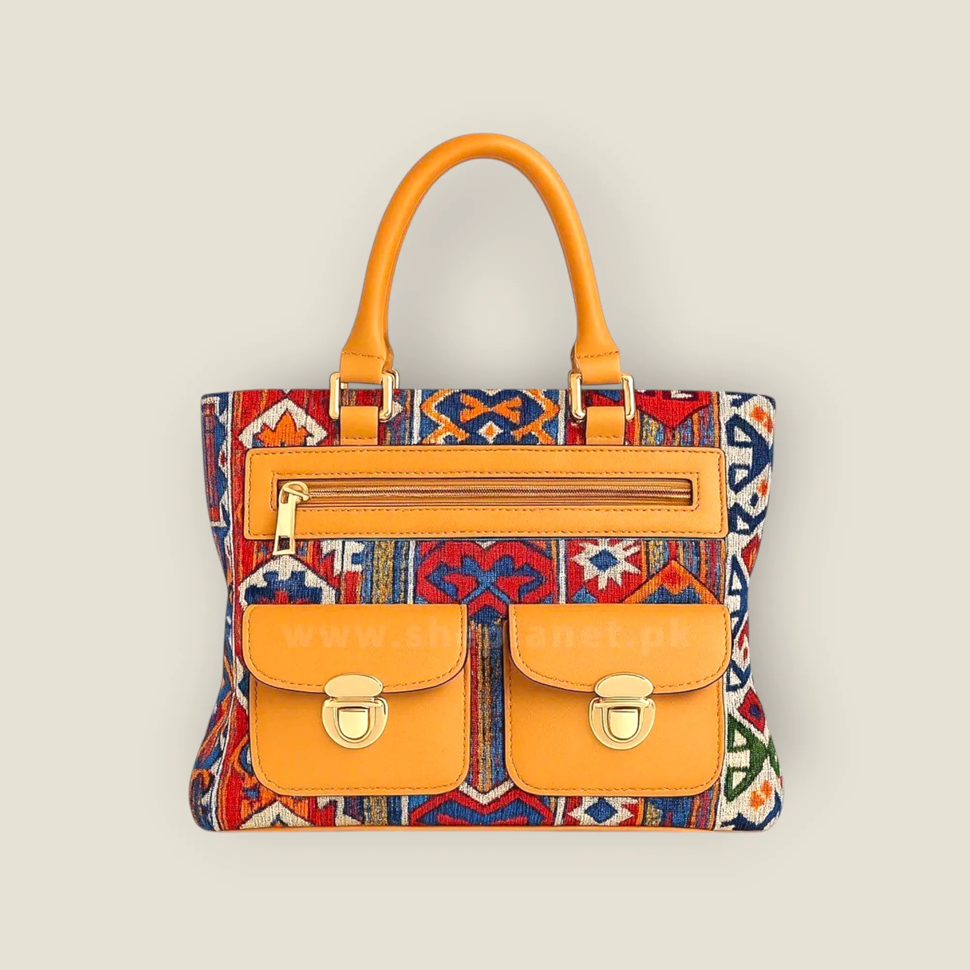 Handcrafted Tribal Pattern Tote Bag with Leather Accents