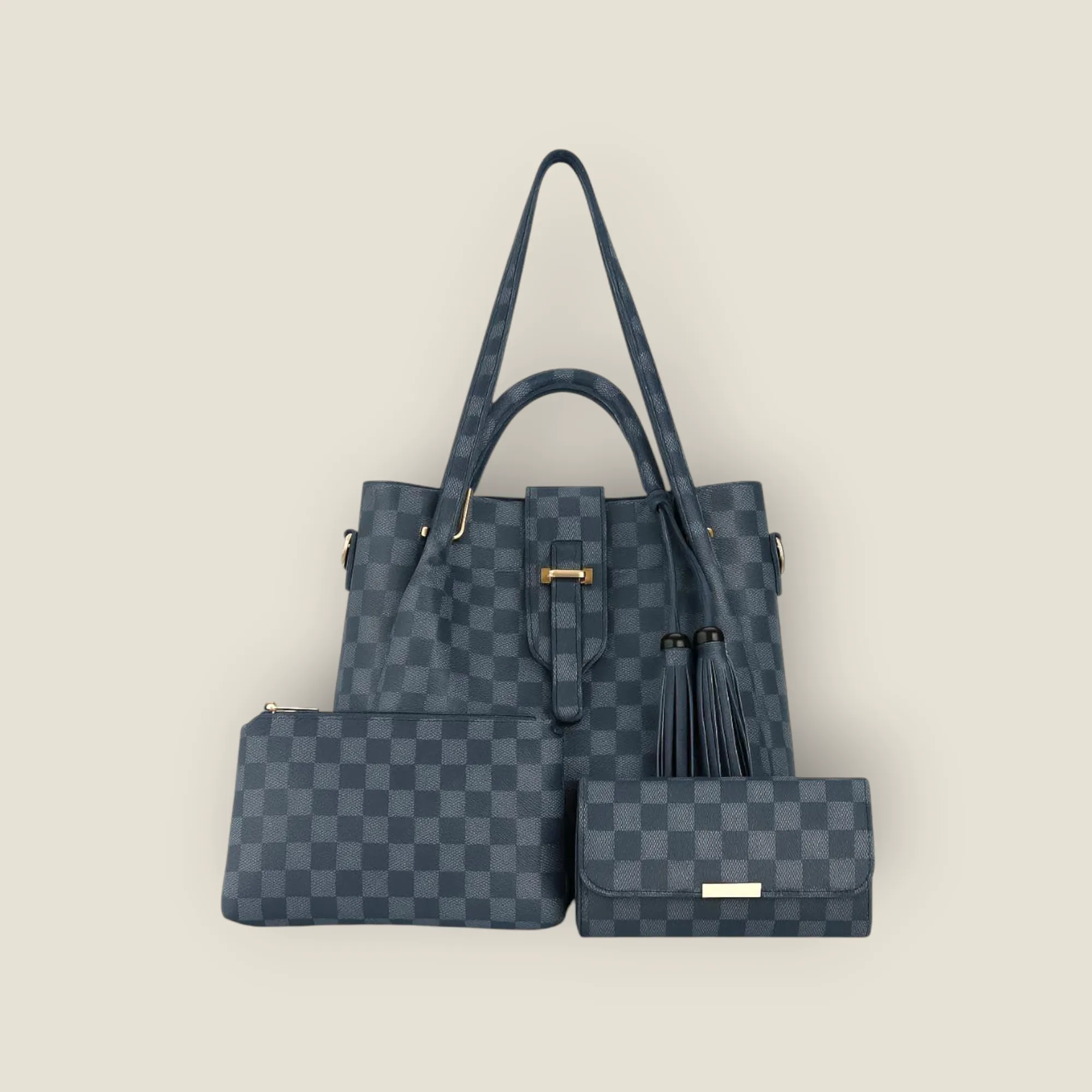 Chic Checkered 3-Piece Tote, Wallet & Pouch Set - Navy/Black